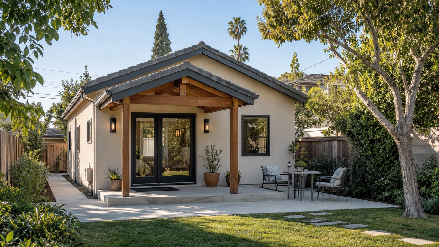 Detached backyard ADU with covered entry, representative of ADUs built by Anaheim, California homeowners