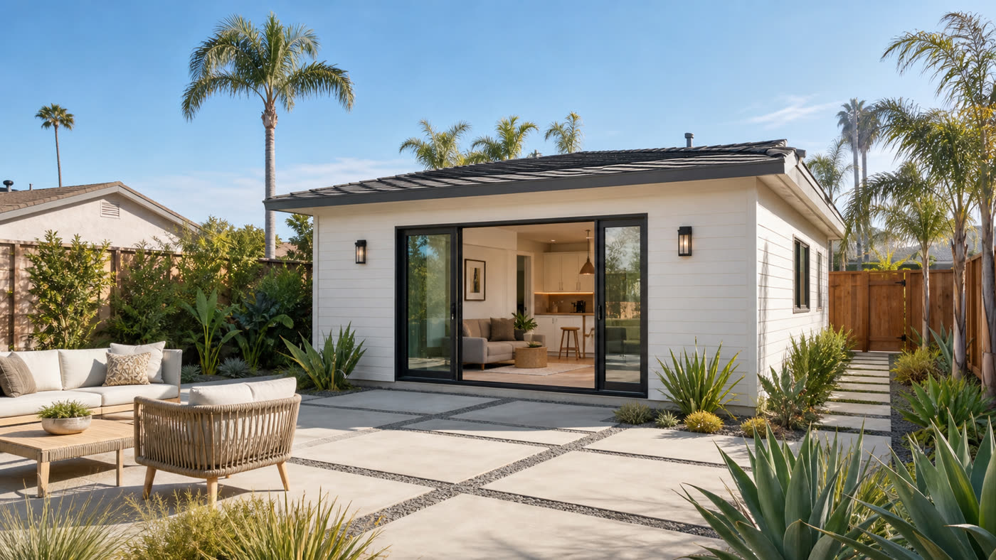 Backyard accessory dwelling unit with patio seating, representative of ADUs built by Huntington Beach, California homeowners