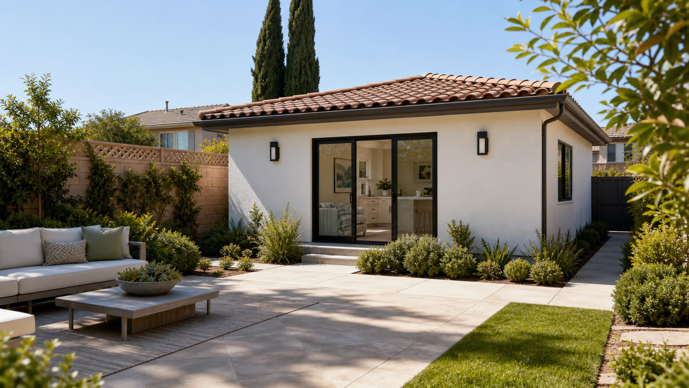 Modern backyard accessory dwelling unit with covered patio, representative of ADUs built by Irvine, California homeowners