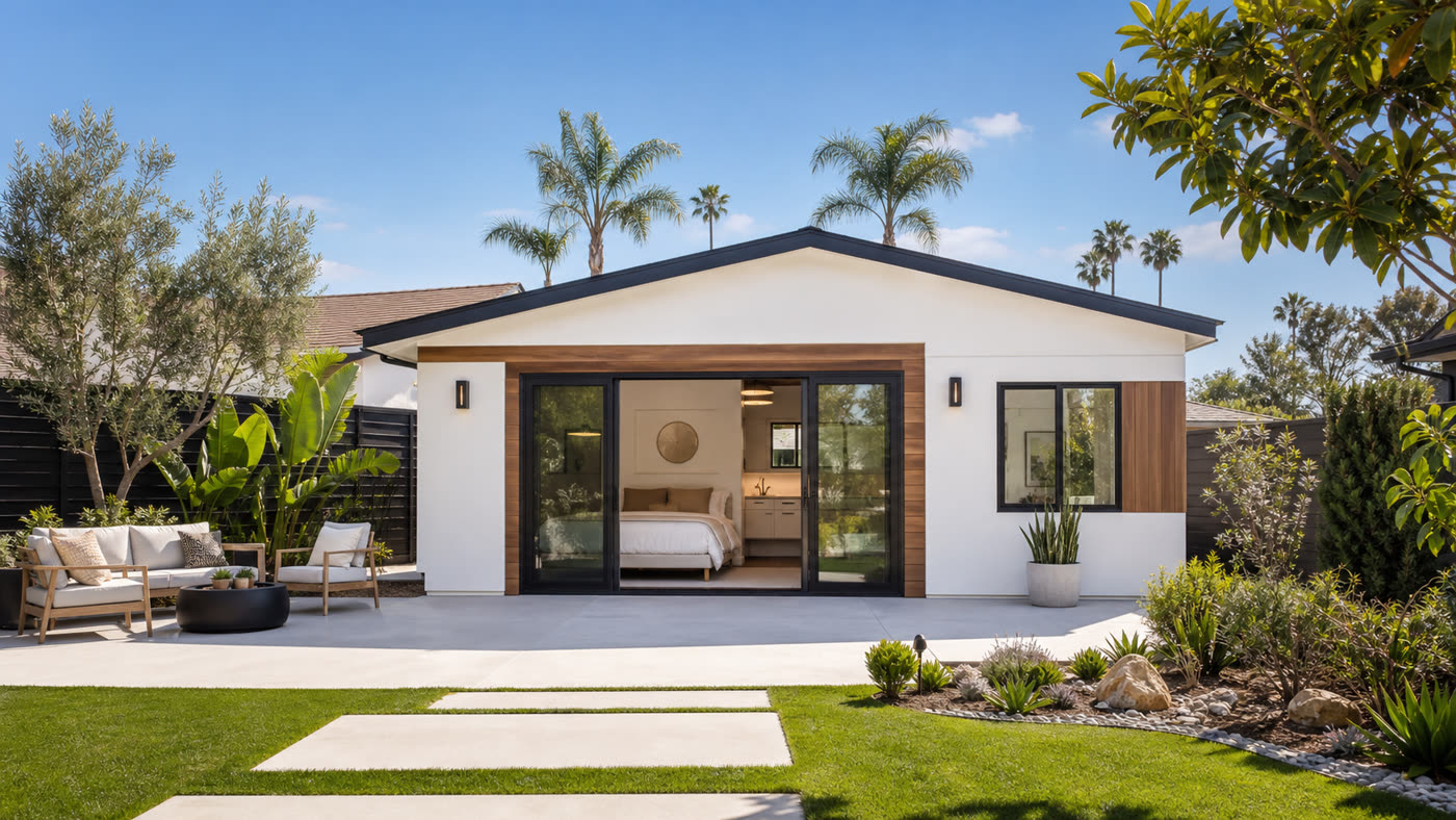 Coastal-style backyard accessory dwelling unit, representative of ADUs built by Newport Beach, California homeowners