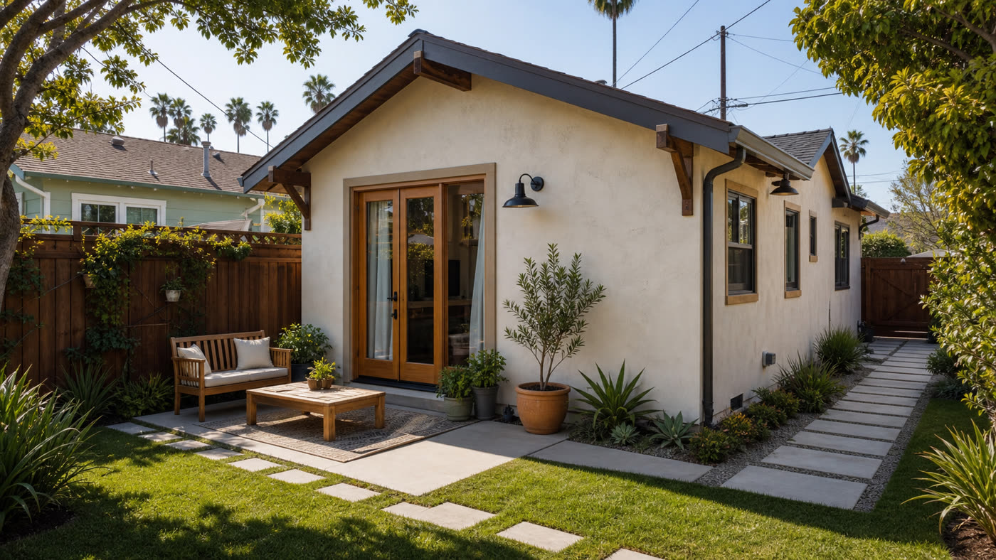 Compact backyard accessory dwelling unit, representative of ADUs built by Santa Ana, California homeowners