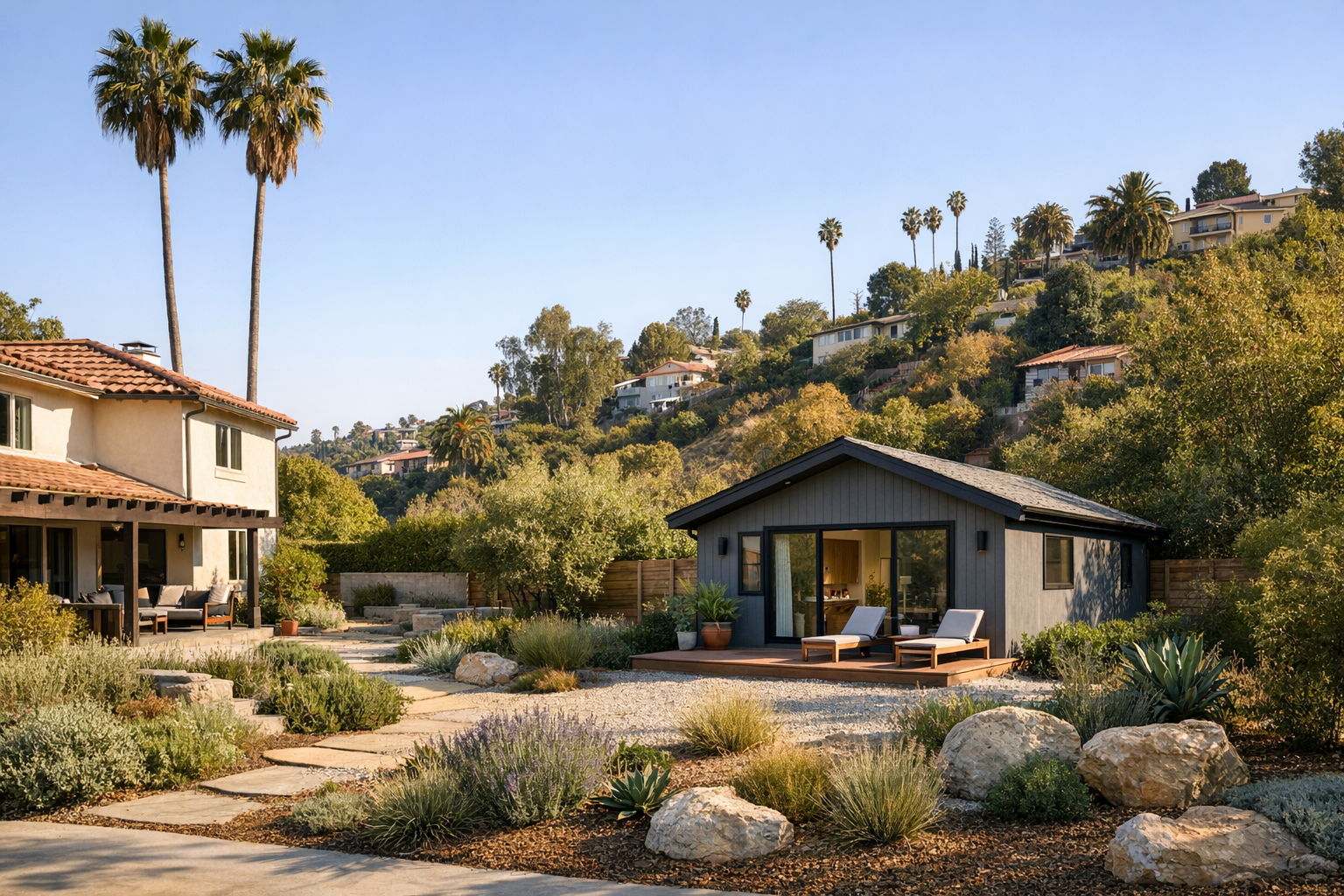 Los Angeles backyard ADU with palms and hillside neighborhood context