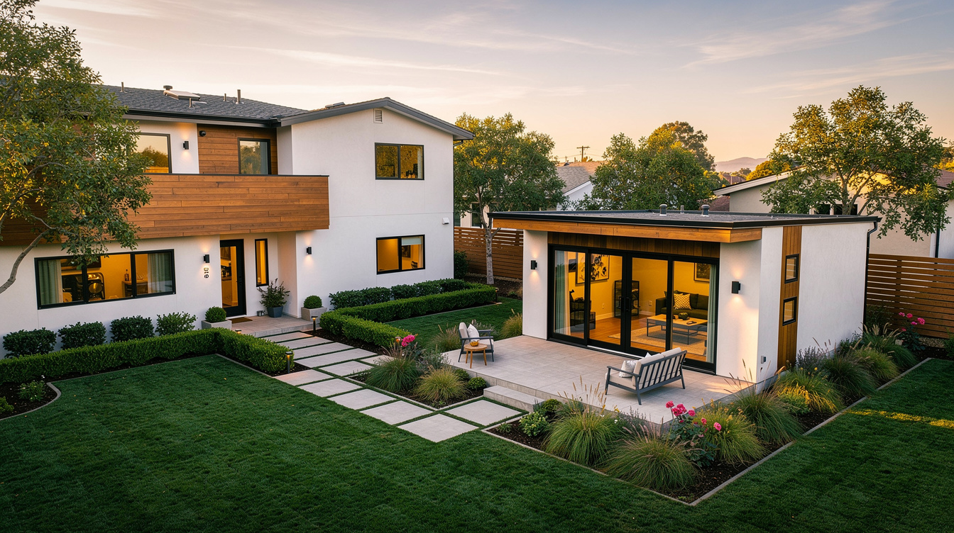 Aerial view of California suburban home with modern detached ADU in backyard at golden hour