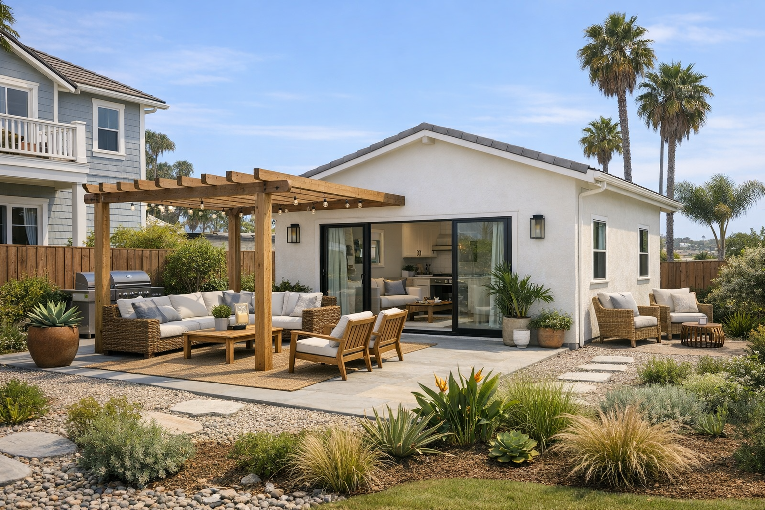 Coastal style San Diego backyard ADU with patio and bright exterior