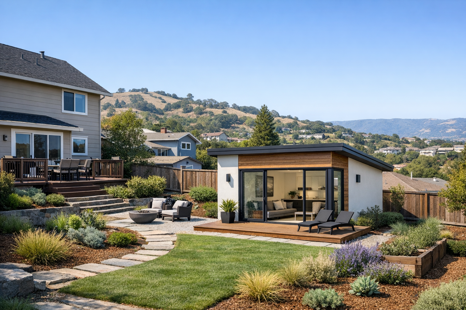Bay Area backyard ADU behind a suburban California home