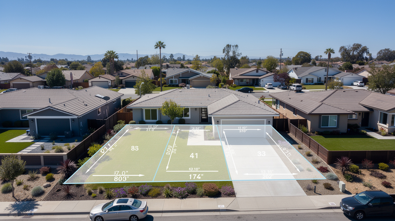 Aerial view of a California residential lot being subdivided with site plan overlay, suburban neighborhood