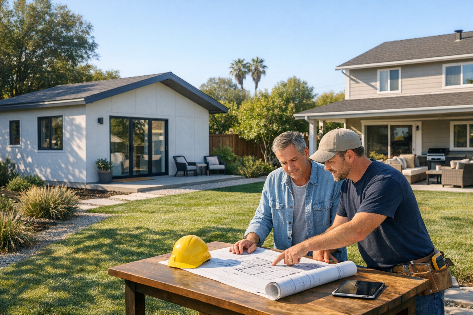 California homeowner and builder outside with a detached ADU and plans