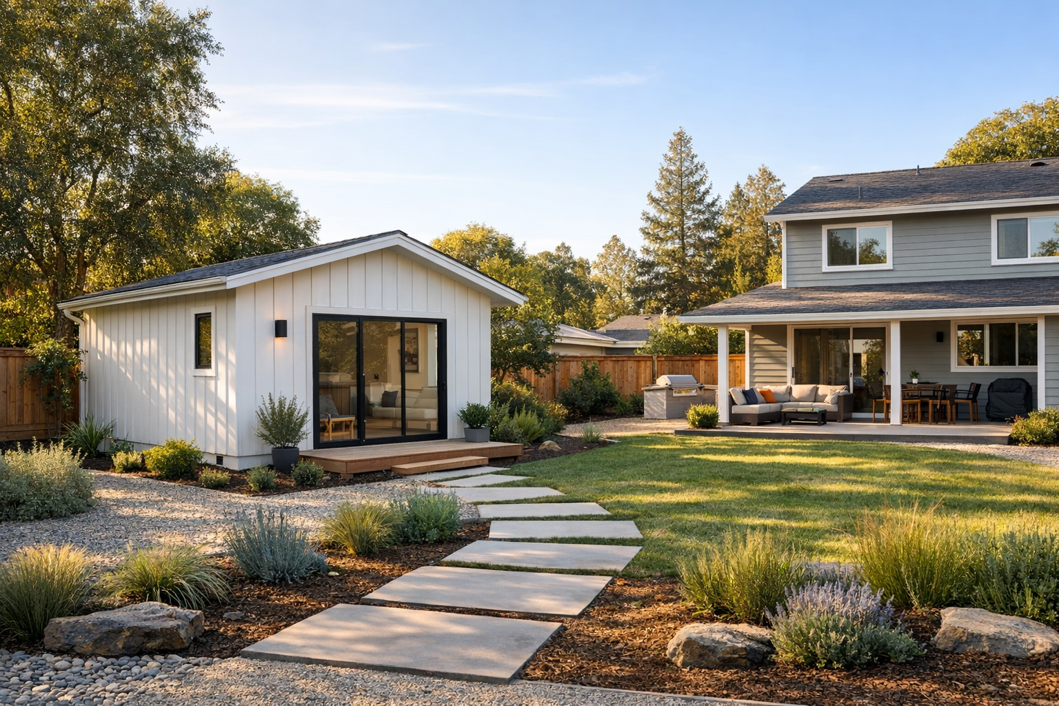 California backyard ADU beside a primary home representing 2026 updates