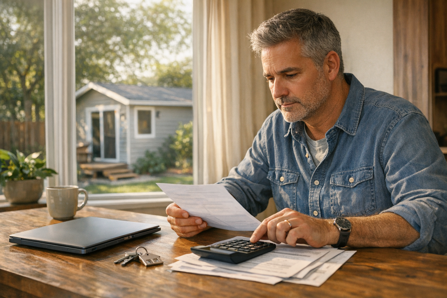 California homeowner planning ADU financing at home with keys and budget tools