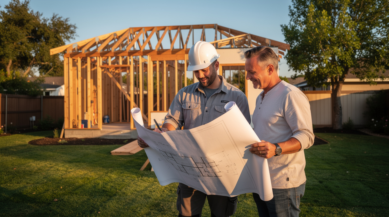 Professional California contractor reviewing blueprints with a homeowner in a sunny backyard where an ADU is being framed