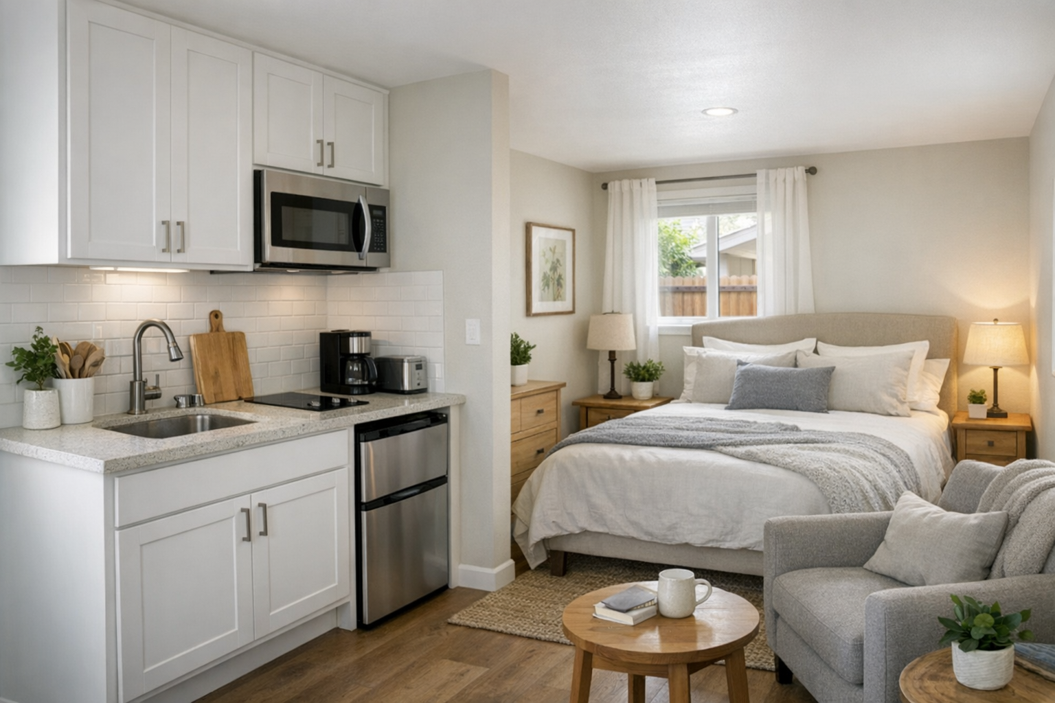 Compact junior ADU interior with kitchenette and sleeping area