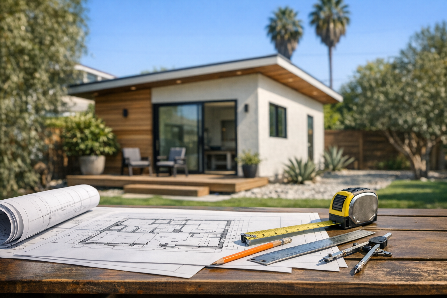 California ADU exterior with permit planning tools in the foreground