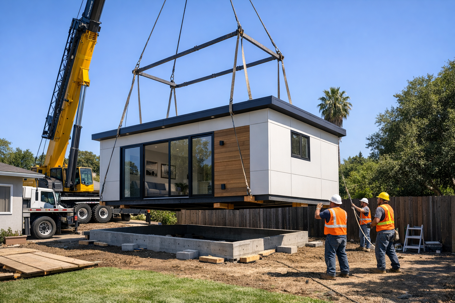 Prefab modular ADU installation in a California backyard