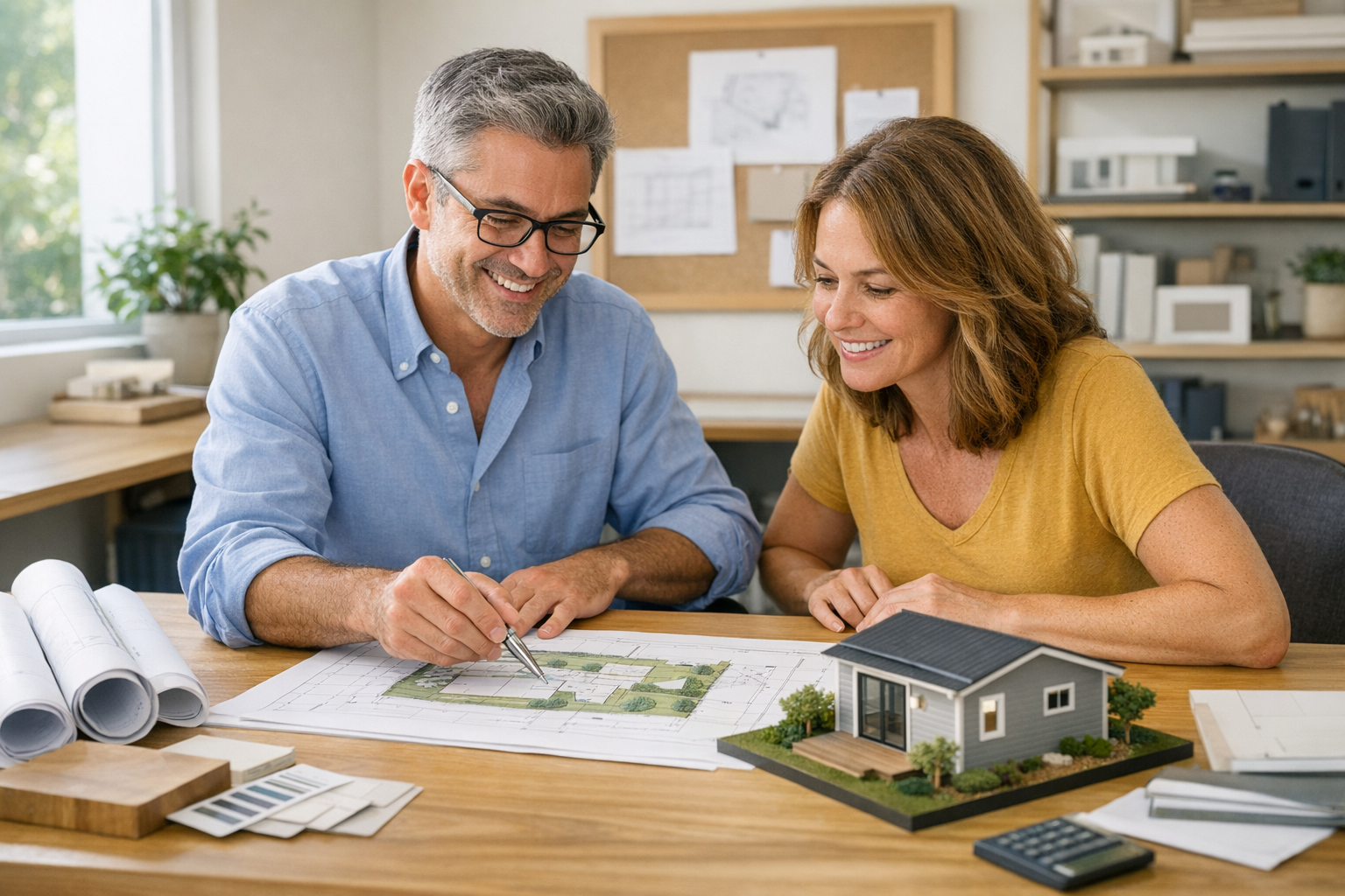 Architect and homeowner reviewing an ADU site plan with a small house model