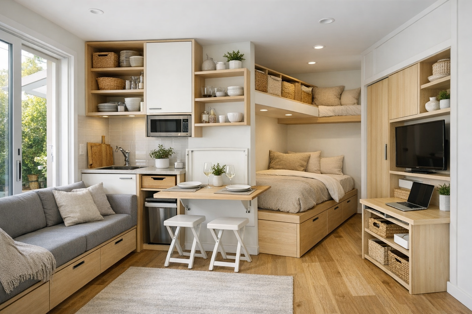 Small ADU interior with built-in storage and compact furniture