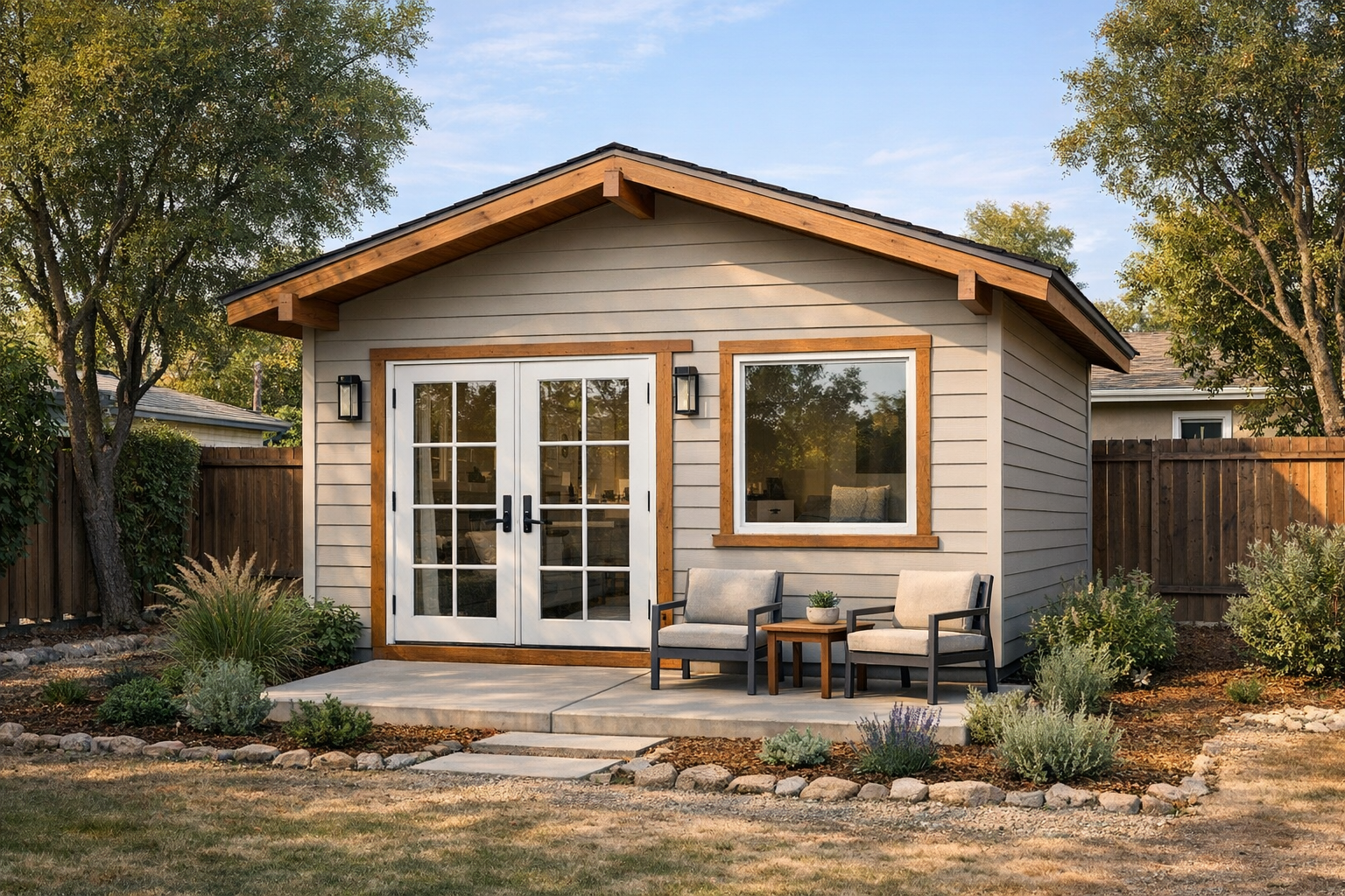 Studio ADU exterior with French doors